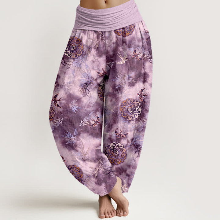Buddha Stones Pantalon harem pour femme en pur coton, à taille élastique, orné d'un médaillon nuage et d'oiseaux - Orchidée moyenne - US16，UK/AU20，EU48 (3XL) - image 8