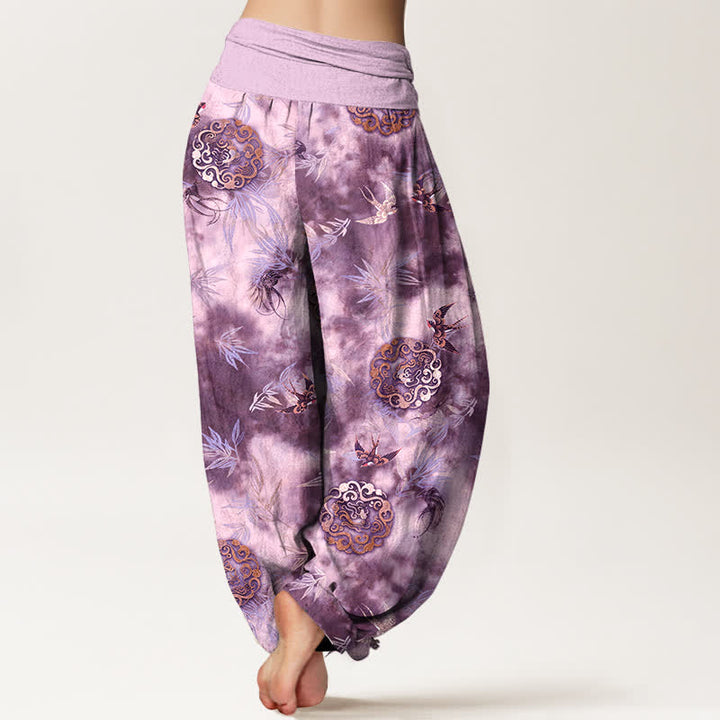 Buddha Stones Pantalon harem pour femme en pur coton, à taille élastique, orné d'un médaillon nuage et d'oiseaux - image 9