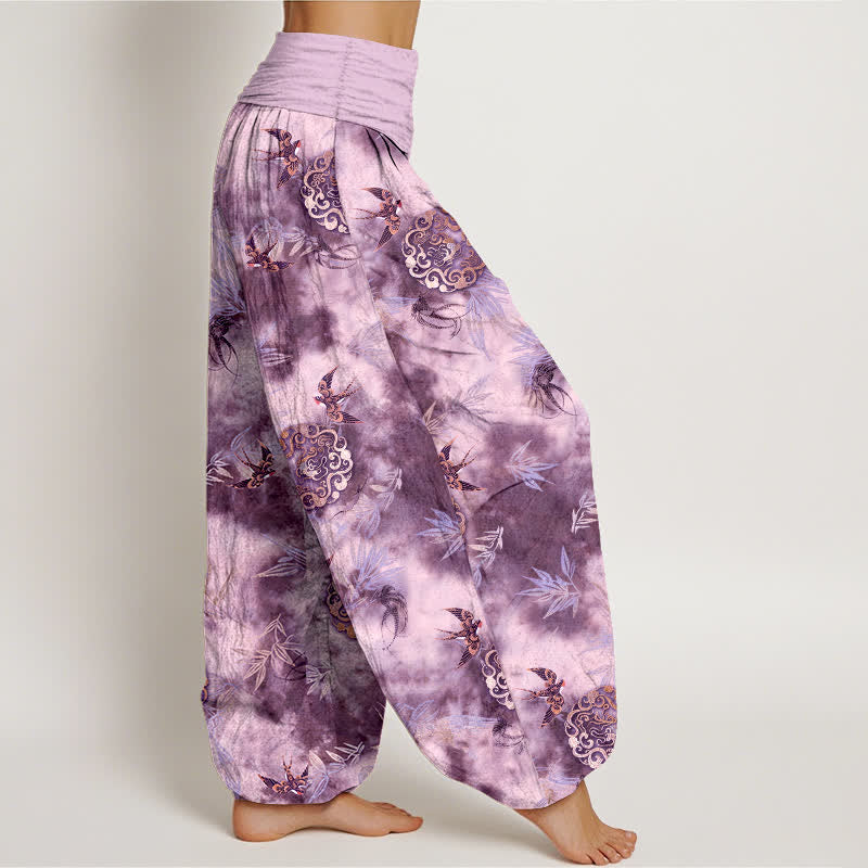 Buddha Stones Pantalon harem pour femme en pur coton, à taille élastique, orné d'un médaillon nuage et d'oiseaux - image 10
