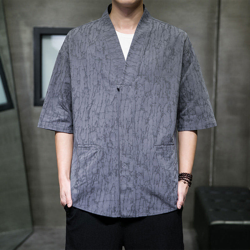 Buddha Stones Chemise d'été à manches courtes pour homme, col en V, boutons, motif déchiré, avec poches - Gris ardoise - US/UK/AU46，EU56 (5XL) - image 0