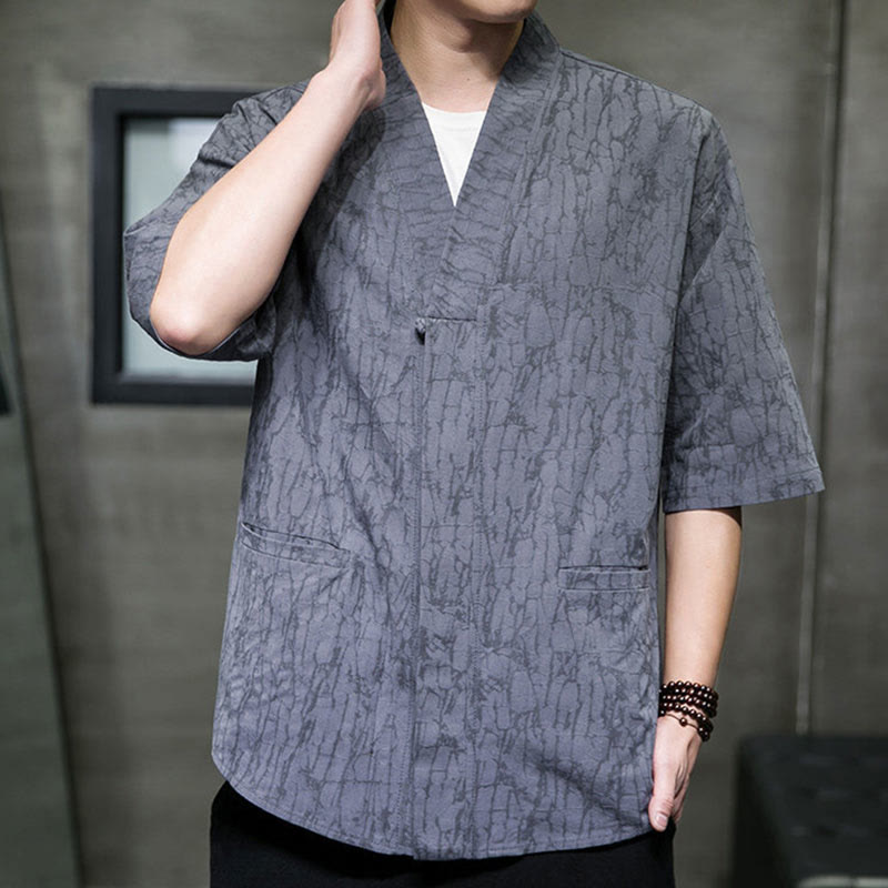 Buddha Stones Chemise d'été à manches courtes pour homme, col en V, boutons, motif déchiré, avec poches - image 6
