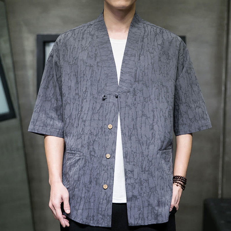 Buddha Stones Chemise d'été à manches courtes pour homme, col en V, boutons, motif déchiré, avec poches - image 7