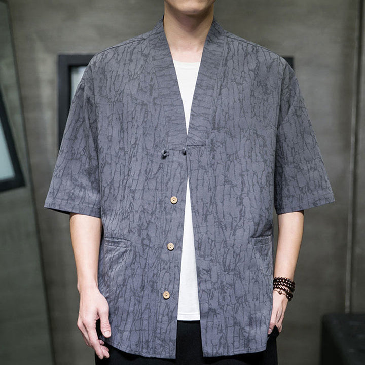 Buddha Stones Chemise d'été à manches courtes pour homme, col en V, boutons, motif déchiré, avec poches - image 7