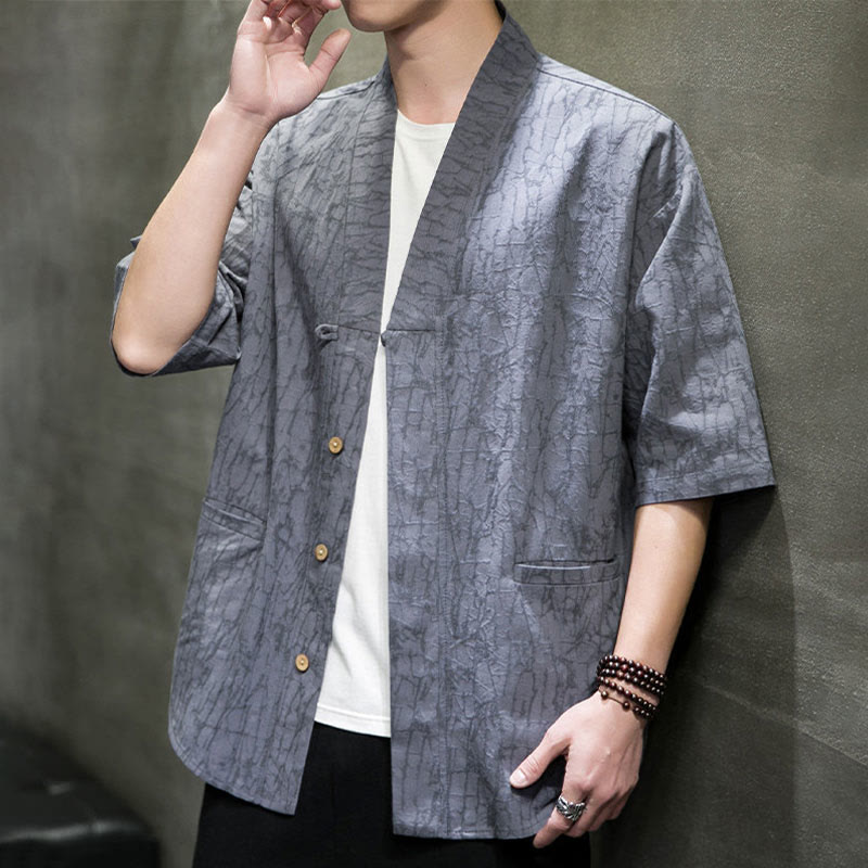Buddha Stones Chemise d'été à manches courtes pour homme, col en V, boutons, motif déchiré, avec poches - image 8