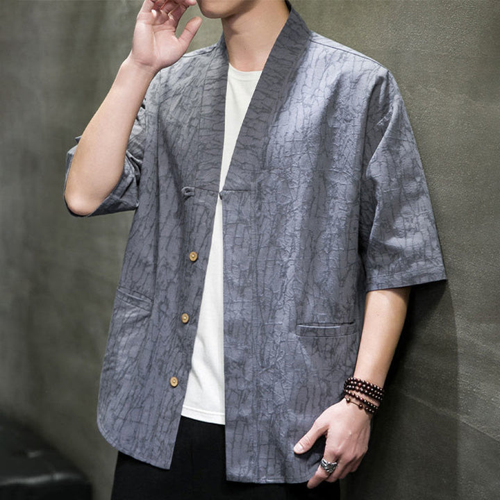 Buddha Stones Chemise d'été à manches courtes pour homme, col en V, boutons, motif déchiré, avec poches - image 8