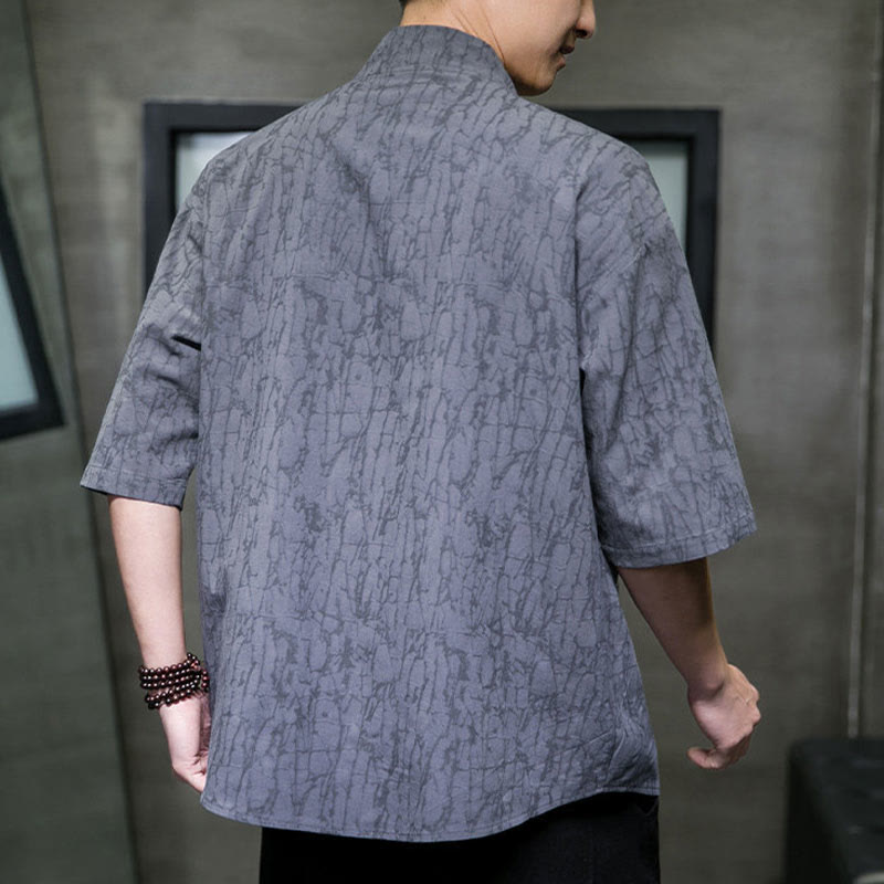 Buddha Stones Chemise d'été à manches courtes pour homme, col en V, boutons, motif déchiré, avec poches - image 4