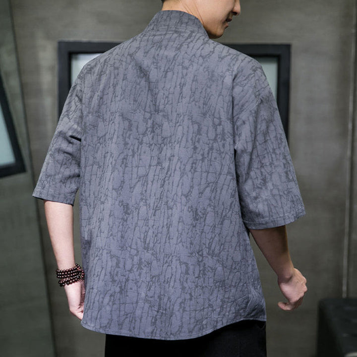 Buddha Stones Chemise d'été à manches courtes pour homme, col en V, boutons, motif déchiré, avec poches - image 4
