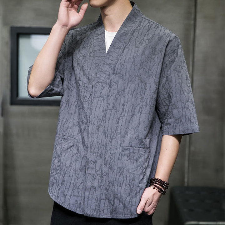 Buddha Stones Chemise d'été à manches courtes pour homme, col en V, boutons, motif déchiré, avec poches - image 3