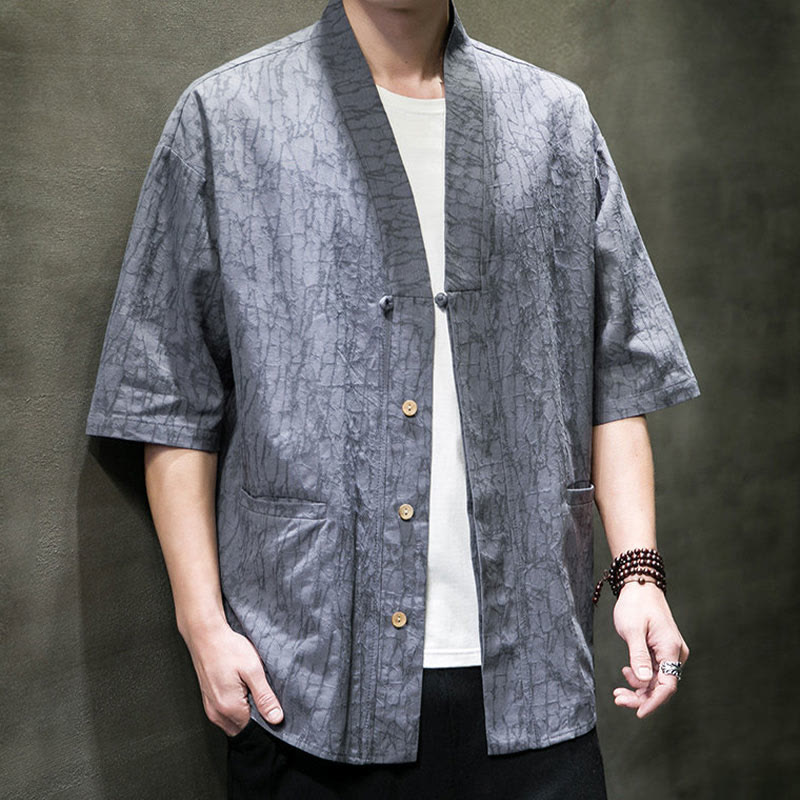 Buddha Stones Chemise d'été à manches courtes pour homme, col en V, boutons, motif déchiré, avec poches - image 2