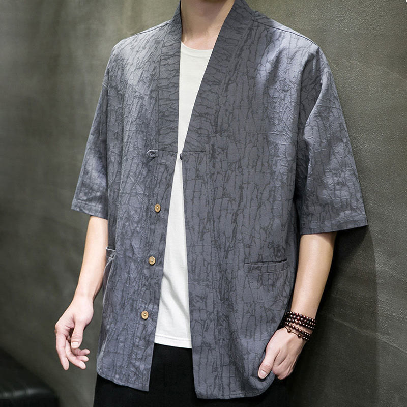 Buddha Stones Chemise d'été à manches courtes pour homme, col en V, boutons, motif déchiré, avec poches - image 9