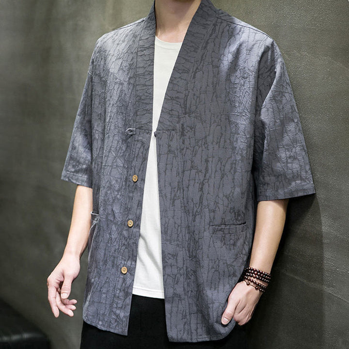 Buddha Stones Chemise d'été à manches courtes pour homme, col en V, boutons, motif déchiré, avec poches - image 9