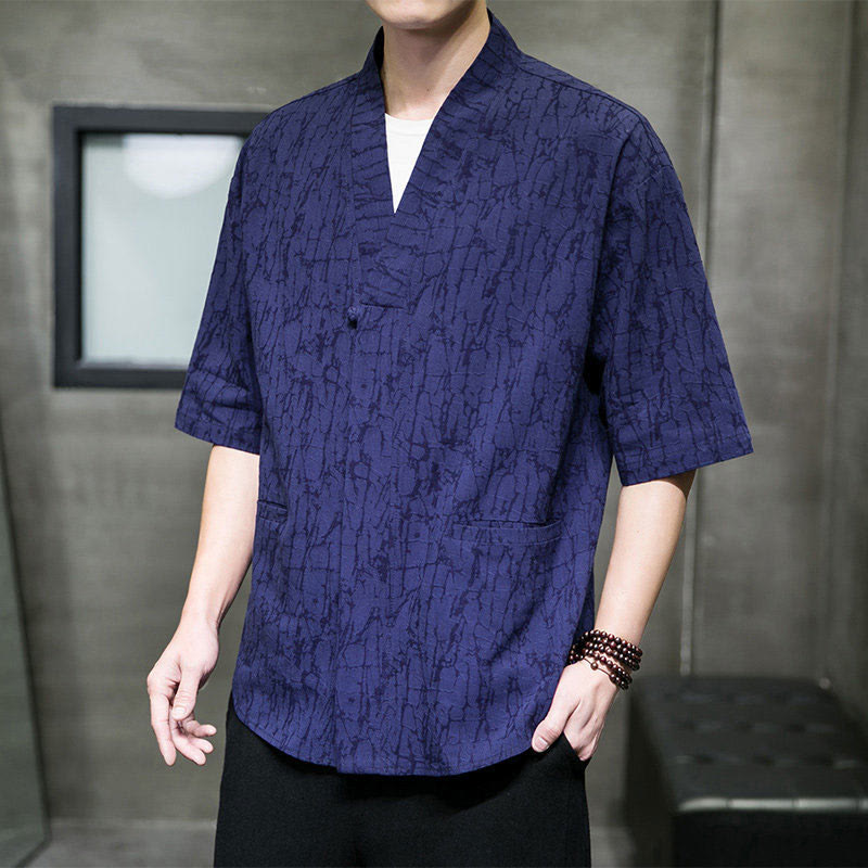 Buddha Stones Chemise d'été à manches courtes pour homme, col en V, boutons, motif déchiré, avec poches - image 14