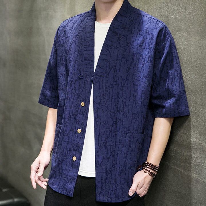 Buddha Stones Chemise d'été à manches courtes pour homme, col en V, boutons, motif déchiré, avec poches - image 15