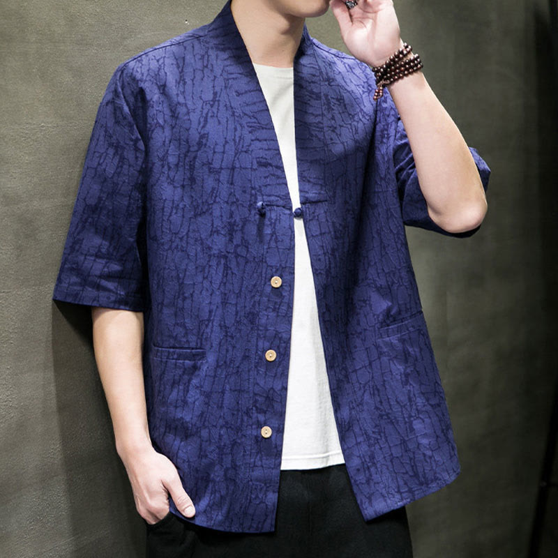Buddha Stones Chemise d'été à manches courtes pour homme, col en V, boutons, motif déchiré, avec poches - image 19