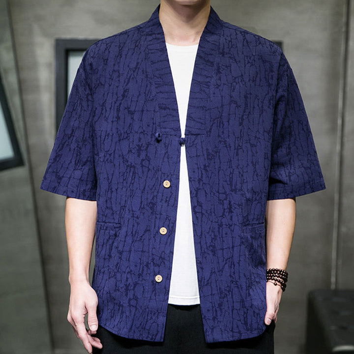 Buddha Stones Chemise d'été à manches courtes pour homme, col en V, boutons, motif déchiré, avec poches - image 18