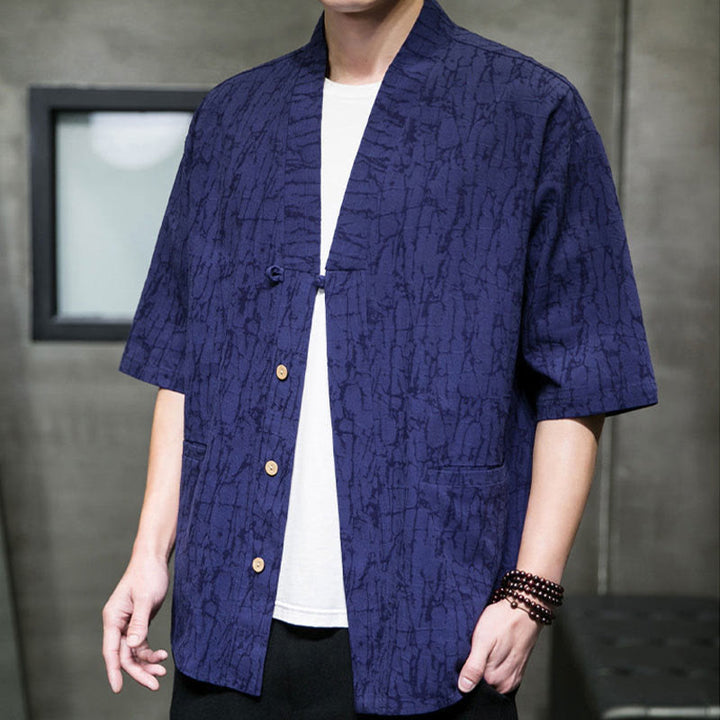 Buddha Stones Chemise d'été à manches courtes pour homme, col en V, boutons, motif déchiré, avec poches - image 22