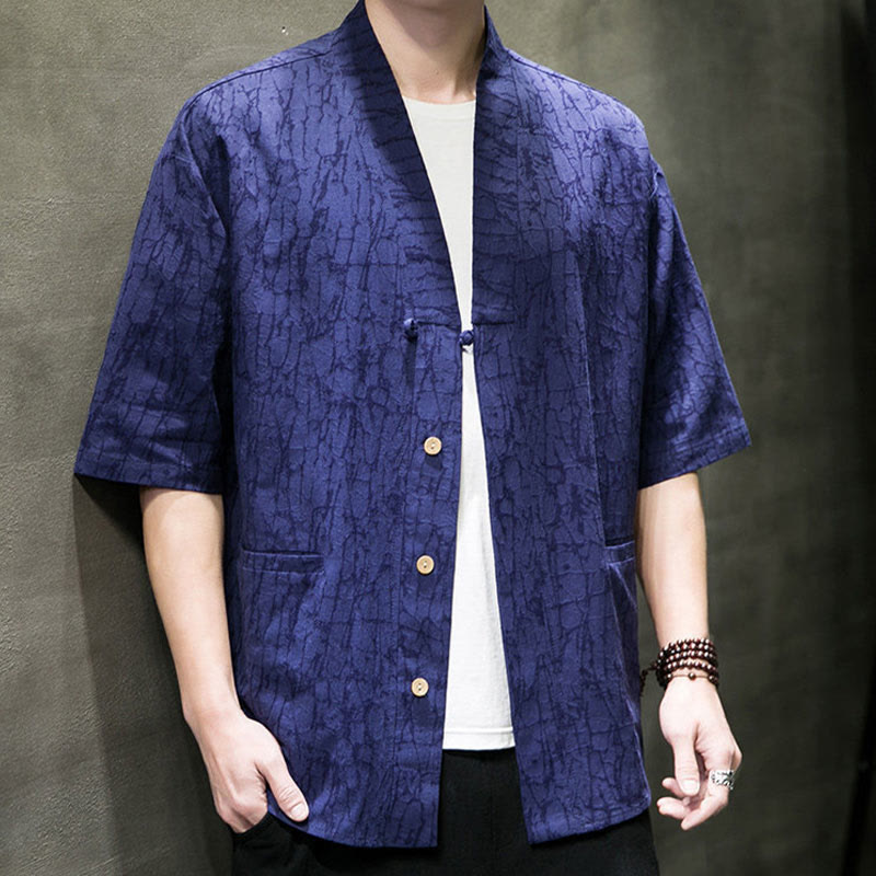 Buddha Stones Chemise d'été à manches courtes pour homme, col en V, boutons, motif déchiré, avec poches - image 21