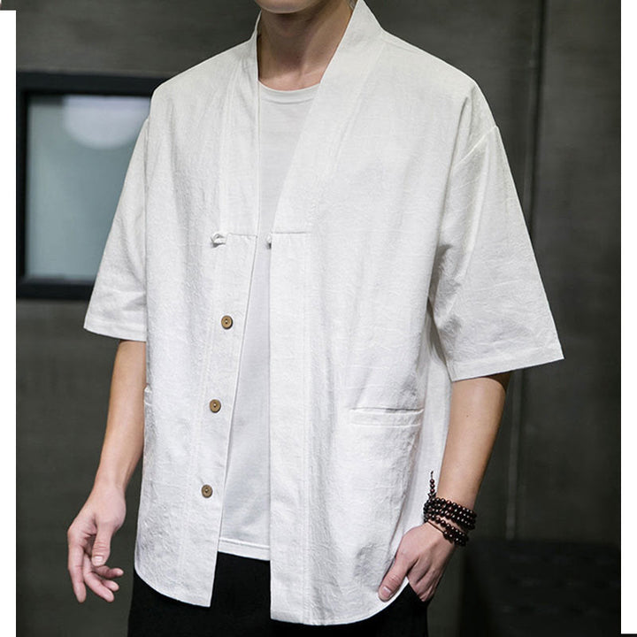 Buddha Stones Chemise d'été à manches courtes pour homme, col en V, boutons, motif déchiré, avec poches - image 25