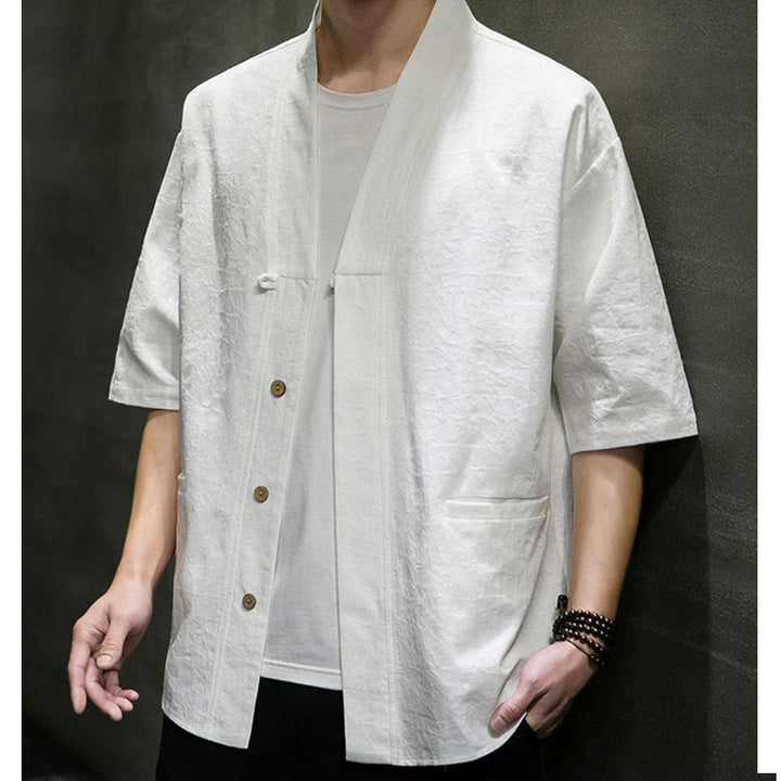 Buddha Stones Chemise d'été à manches courtes pour homme, col en V, boutons, motif déchiré, avec poches - image 31