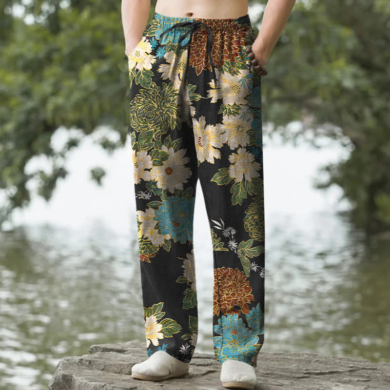 Buddha Stones Pantalon fuselé pour homme avec poches, motif floral turquoise pivoine chrysanthème et turquoise - Noir - US/UK/AU50，EU60 (5XL) - image 0