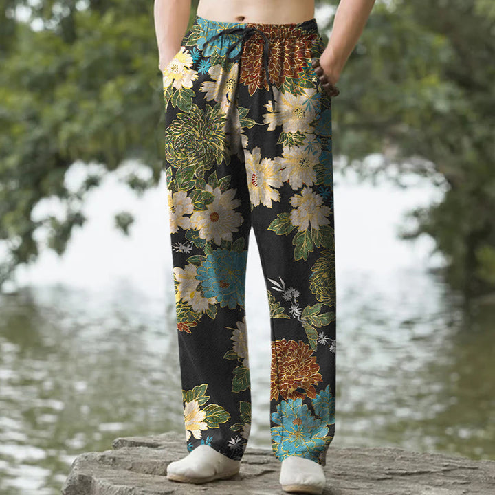 Buddha Stones Pantalon fuselé pour homme avec poches, motif floral turquoise pivoine chrysanthème et turquoise - Noir - US/UK/AU50，EU60 (5XL) - image 0