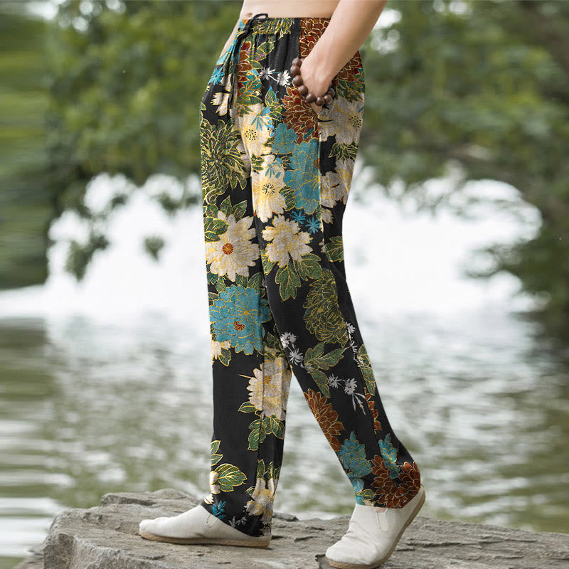 Buddha Stones Pantalon fuselé pour homme avec poches, motif floral turquoise pivoine chrysanthème et turquoise - image 1