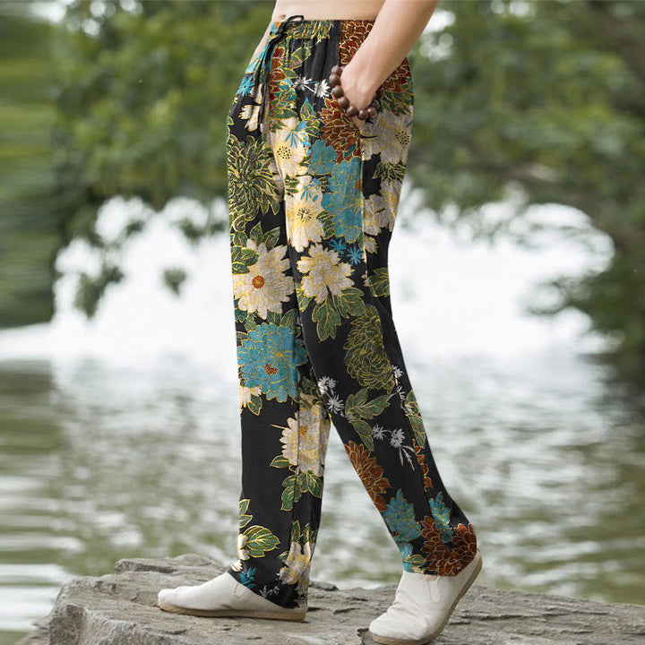 Buddha Stones Pantalon fuselé pour homme avec poches, motif floral turquoise pivoine chrysanthème et turquoise - image 1