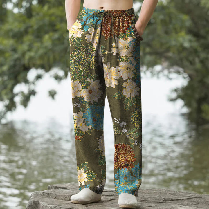 Buddha Stones Pantalon fuselé pour homme avec poches, motif floral turquoise pivoine chrysanthème et turquoise - Olive - US/UK/AU50，EU60 (5XL) - image 4
