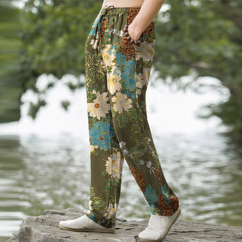 Buddha Stones Pantalon fuselé pour homme avec poches, motif floral turquoise pivoine chrysanthème et turquoise - image 5