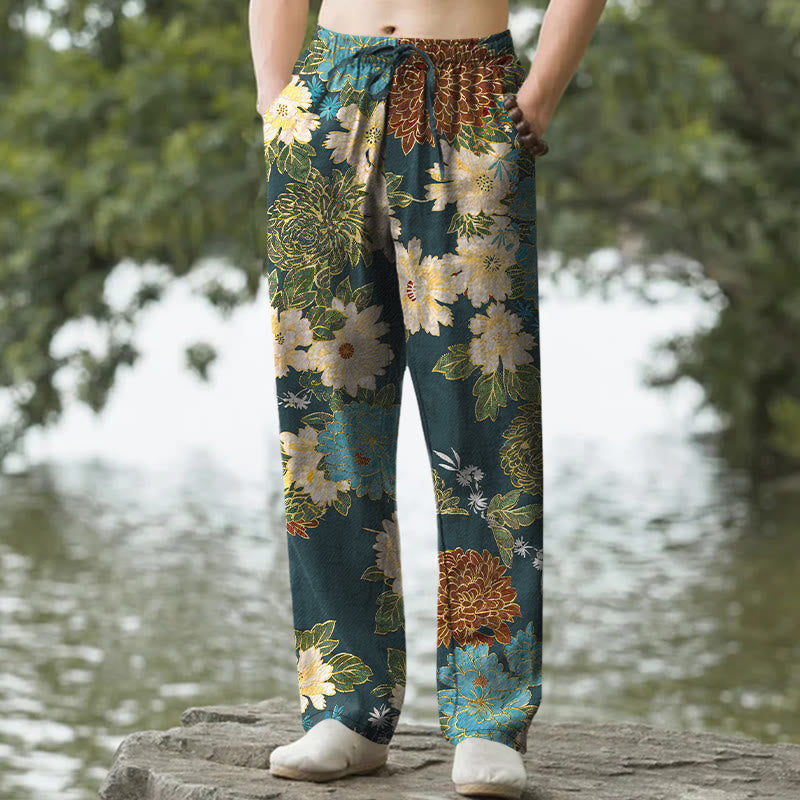 Buddha Stones Pantalon fuselé pour homme avec poches, motif floral turquoise pivoine chrysanthème et turquoise - SteelBlue - US/UK/AU50，EU60 (5XL) - image 6