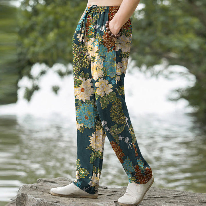 Buddha Stones Pantalon fuselé pour homme avec poches, motif floral turquoise pivoine chrysanthème et turquoise - image 7