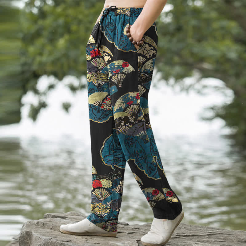 Buddha Stones Pantalon fuselé pour homme en coton, à motif floral et éventail pliant oriental, avec poches - image 1