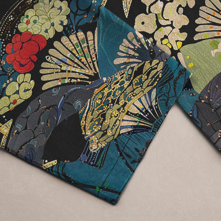Buddha Stones Pantalon fuselé pour homme en coton, à motif floral et éventail pliant oriental, avec poches - image 3