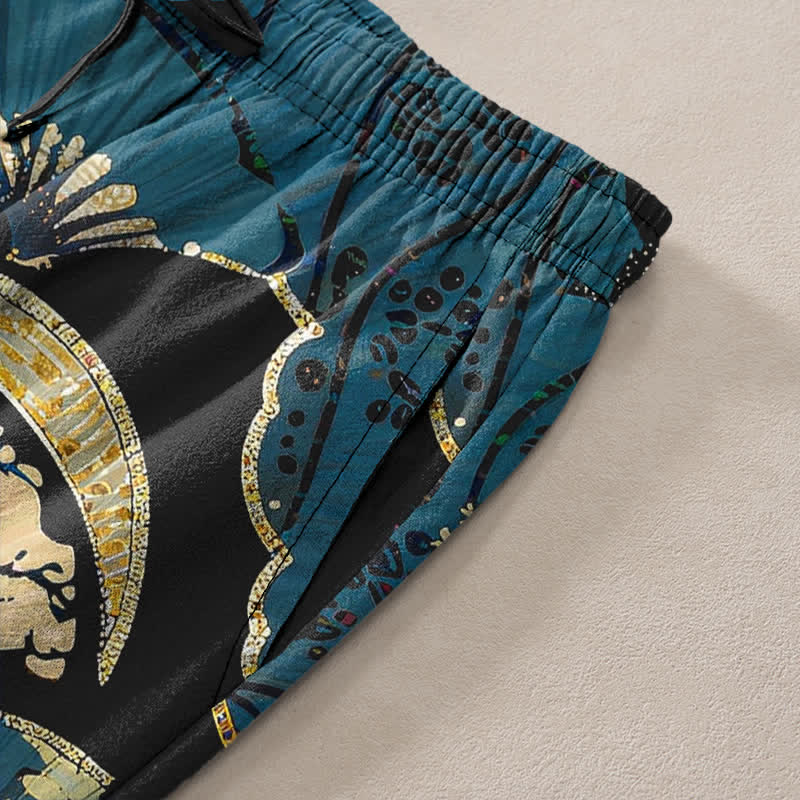 Buddha Stones Pantalon fuselé pour homme en coton, à motif floral et éventail pliant oriental, avec poches - image 2