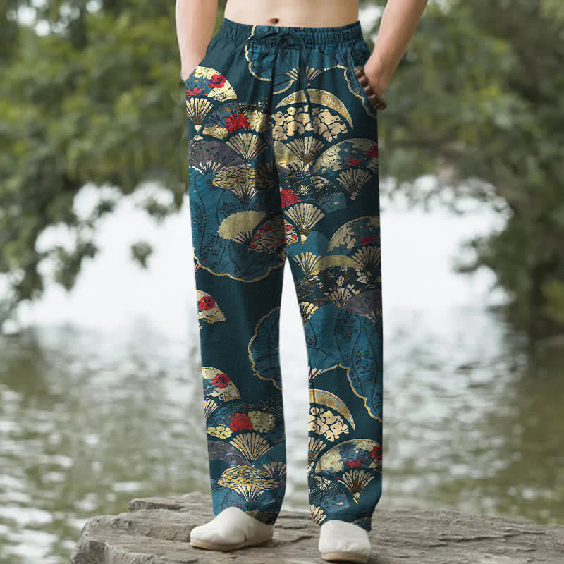 Buddha Stones Pantalon fuselé pour homme en coton, à motif floral et éventail pliant oriental, avec poches - SteelBlue - US/UK/AU50，EU60 (5XL) - image 4
