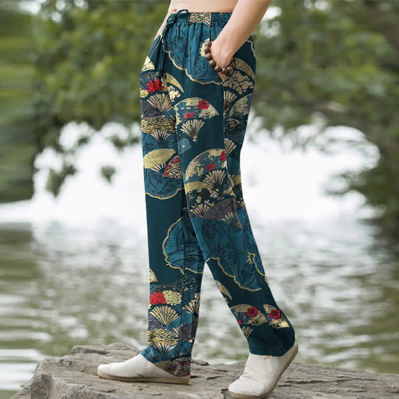 Buddha Stones Pantalon fuselé pour homme en coton, à motif floral et éventail pliant oriental, avec poches - image 5
