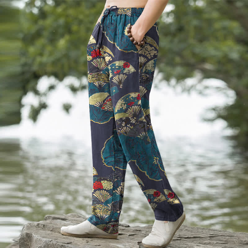 Buddha Stones Pantalon fuselé pour homme en coton, à motif floral et éventail pliant oriental, avec poches - image 7