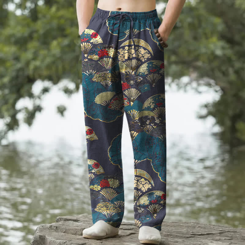 Buddha Stones Pantalon fuselé pour homme en coton, à motif floral et éventail pliant oriental, avec poches - Bleu ardoise foncé - US/UK/AU50，EU60 (5XL) - image 6