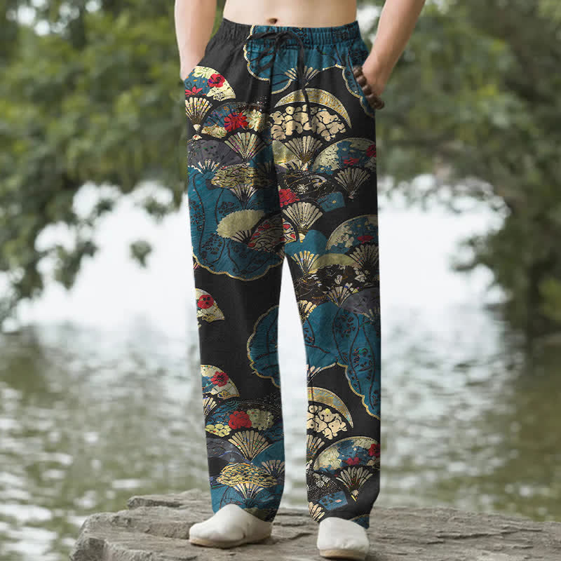 Buddha Stones Pantalon fuselé pour homme en coton, à motif floral et éventail pliant oriental, avec poches - Noir - US/UK/AU50，EU60 (5XL) - image 0