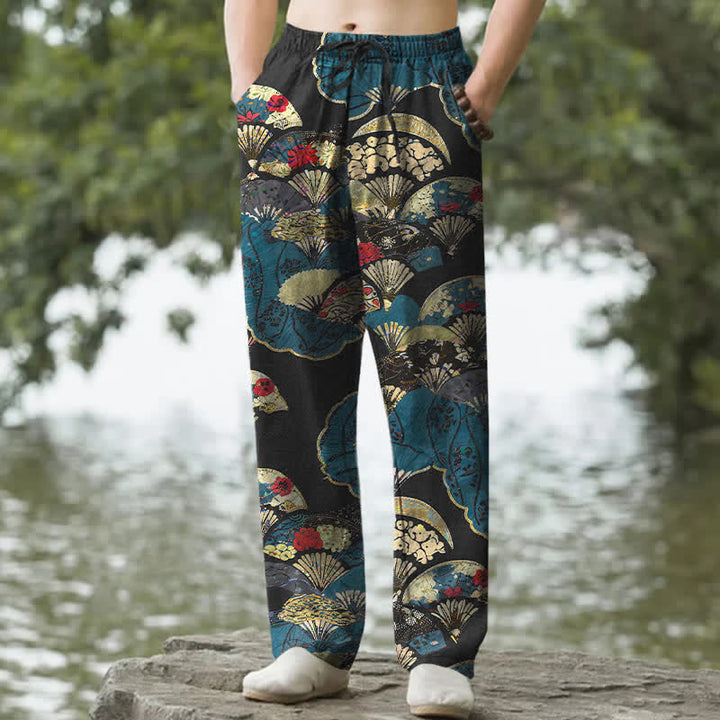 Buddha Stones Pantalon fuselé pour homme en coton, à motif floral et éventail pliant oriental, avec poches - Noir - US/UK/AU50，EU60 (5XL) - image 0