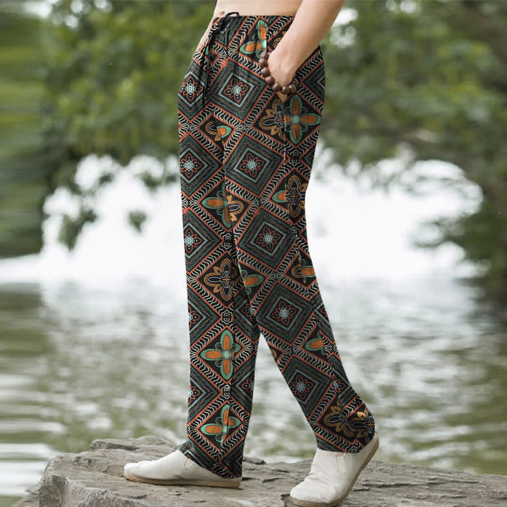 Buddha Stones Pantalon fuselé pour homme en coton à motif floral losange bohème avec poches - image 1
