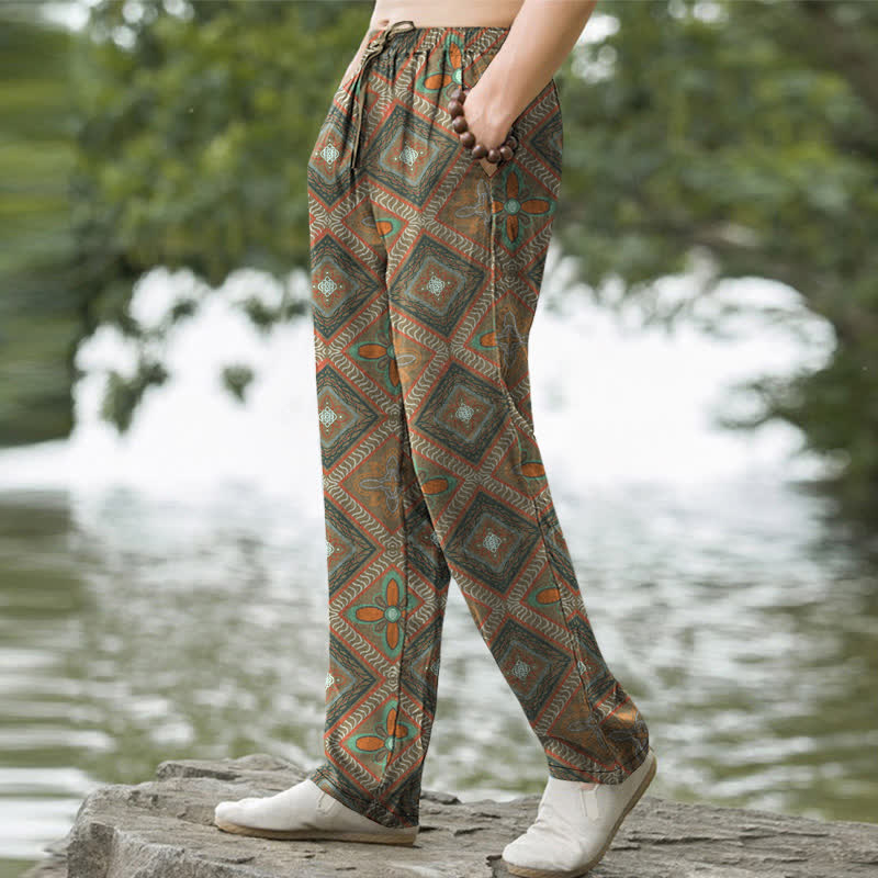 Buddha Stones Pantalon fuselé pour homme en coton à motif floral losange bohème avec poches - image 5