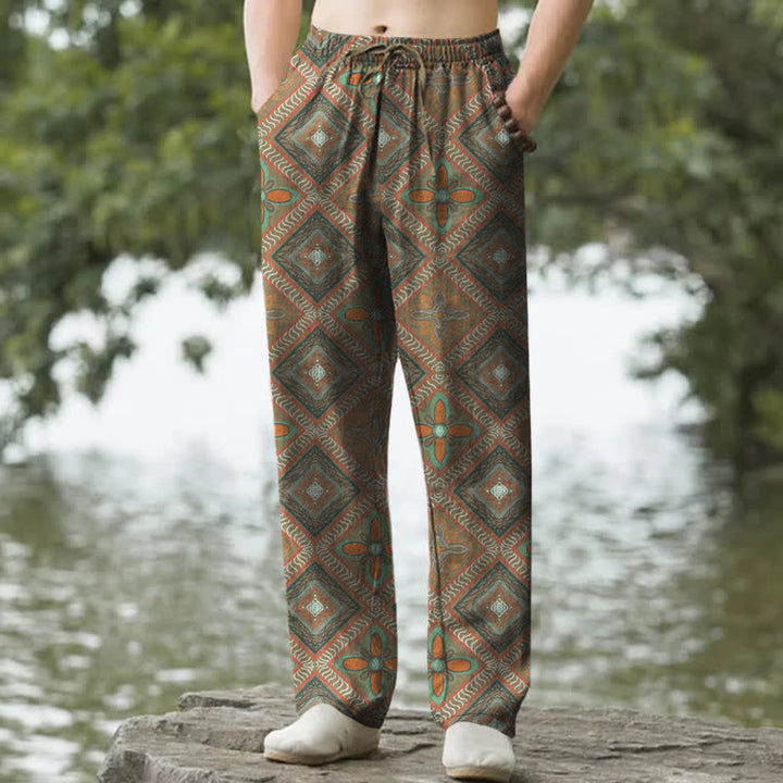 Buddha Stones Pantalon fuselé pour homme en coton à motif floral losange bohème avec poches - Vert olive - US/UK/AU50，EU60 (5XL) - image 4