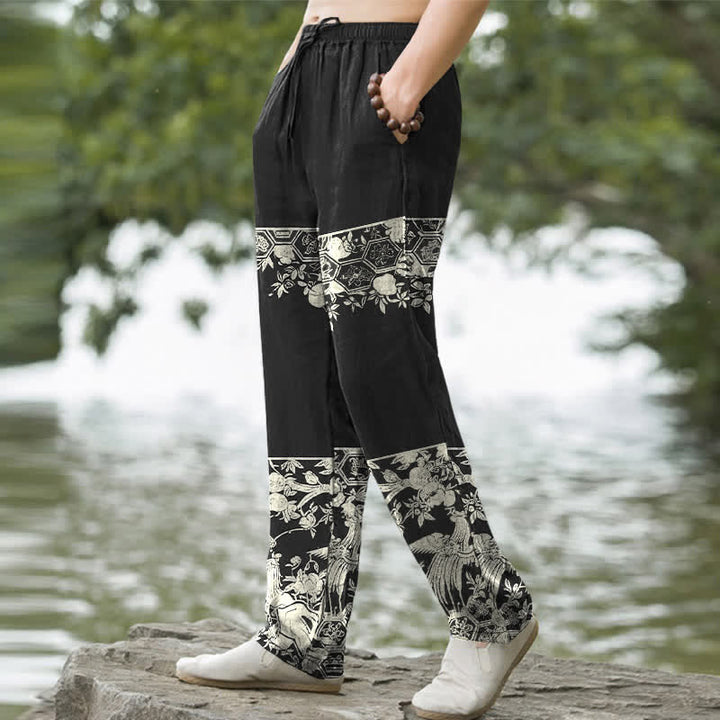 Buddha Stones Pantalon fuselé pour homme en coton ivoire à motif floral et poches - image 1