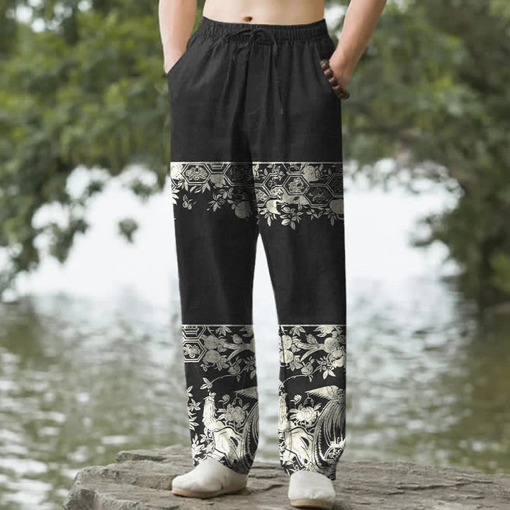 Buddha Stones Pantalon fuselé pour homme en coton ivoire à motif floral et poches - Noir - US/UK/AU50，EU60 (5XL) - image 0
