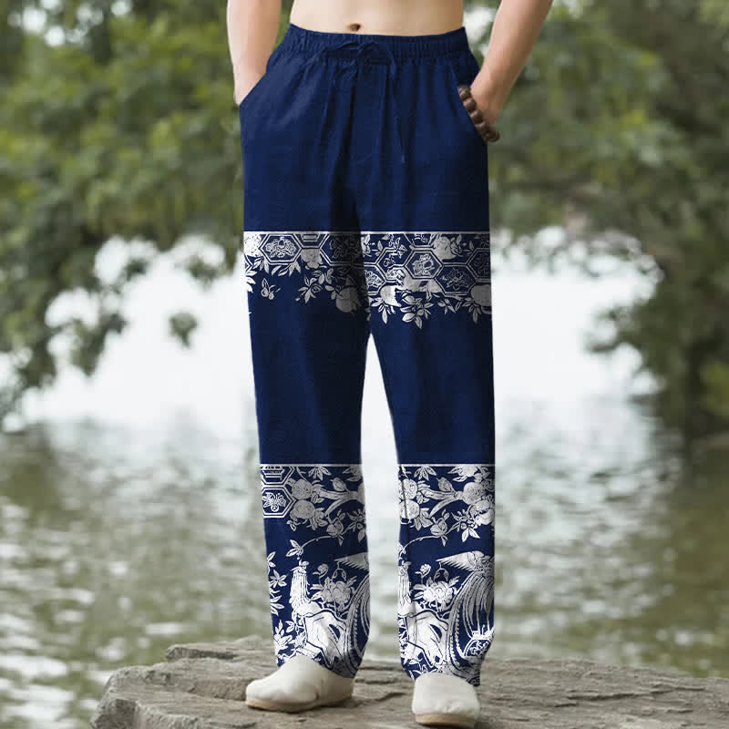 Buddha Stones Pantalon fuselé pour homme en coton ivoire à motif floral et poches - Marine - US/UK/AU50，EU60 (5XL) - image 4