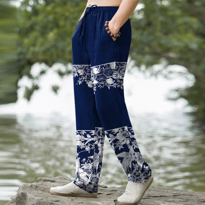 Buddha Stones Pantalon fuselé pour homme en coton ivoire à motif floral et poches - image 5