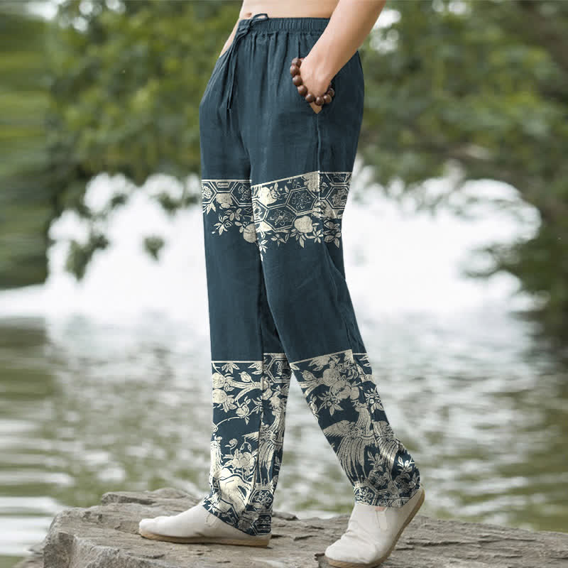 Buddha Stones Pantalon fuselé pour homme en coton ivoire à motif floral et poches - image 7