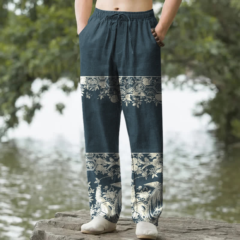 Buddha Stones Pantalon fuselé pour homme en coton ivoire à motif floral et poches - DarkCyan - US/UK/AU50，EU60 (5XL) - image 6