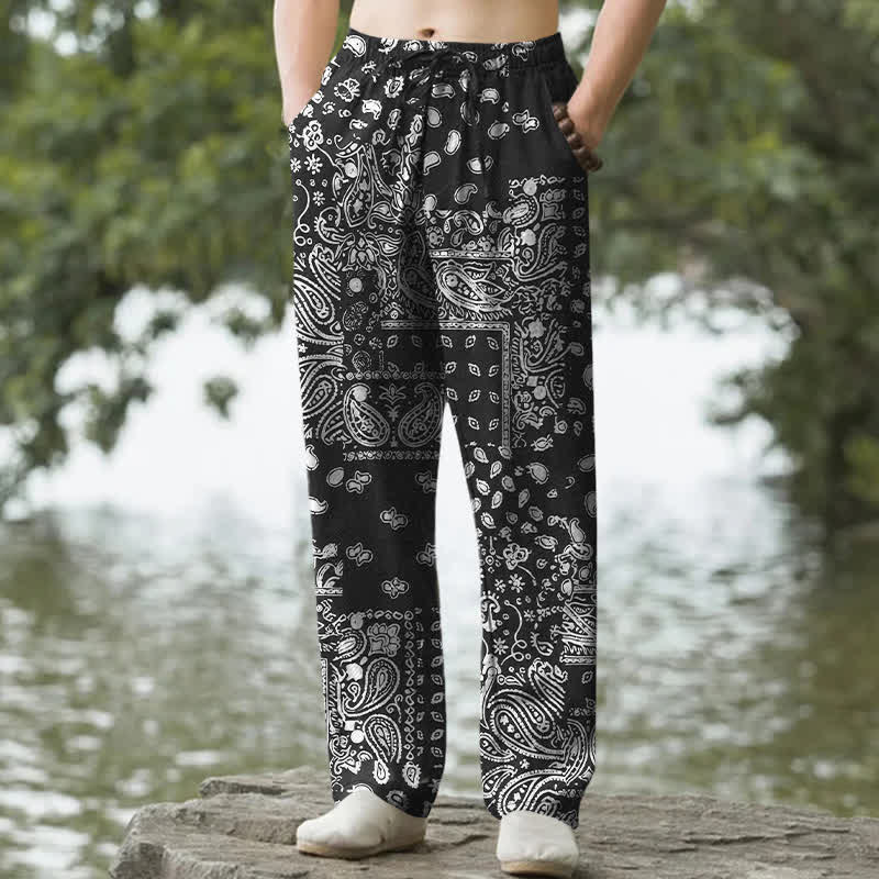Buddha Stones Pantalon fuselé pour homme en coton à motif patchwork cachemire noir et blanc, avec poches - Noir - US/UK/AU50，EU60 (5XL) - image 0